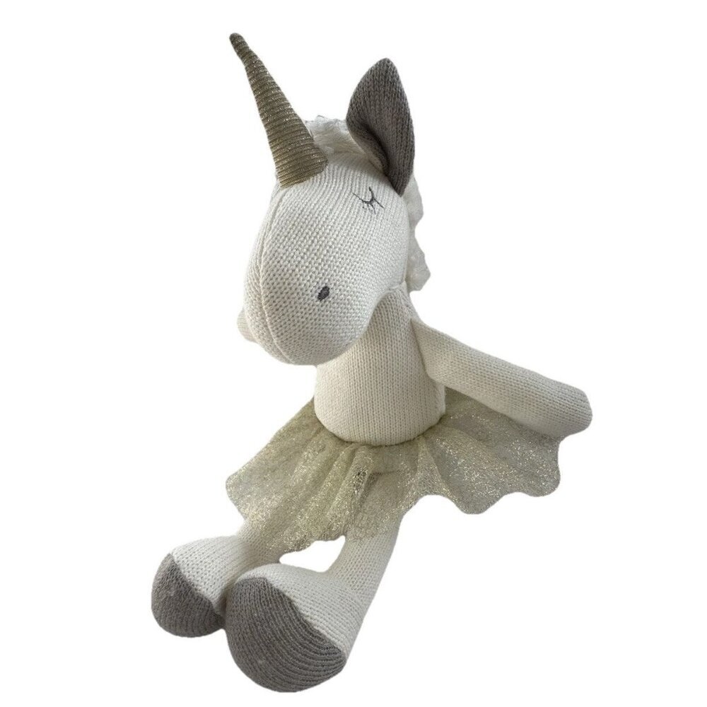 Olly‎ Olly White Knit Ballerina Unicorn 12" Gold Tutu Closed Eyes Yarn Mane